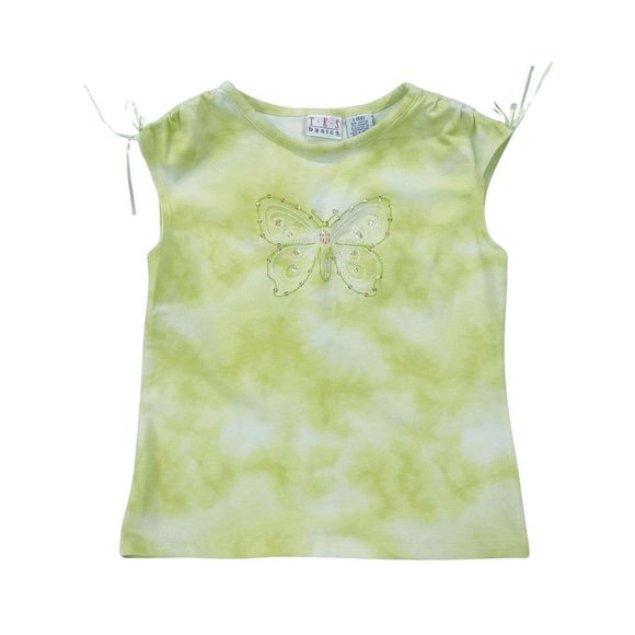 Vintage TKS Basics Y2K Light Chartreuse Tie-Dye Shirt w/ Bows & Sequin Butterfly - Picture 1 of 7